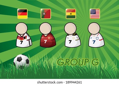 football Player icons and Flags for soccer 2014 group G on grass background and soccer ball. vector illustration EPS10.