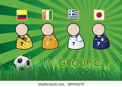 football Player icons and Flags for soccer 2014 group C on grass background and soccer ball. vector illustration EPS10.