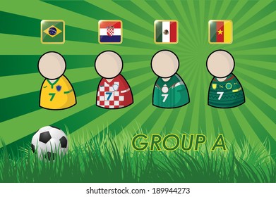 football Player icons and Flags for soccer 2014 group A on grass background and soccer ball. vector illustration EPS10.