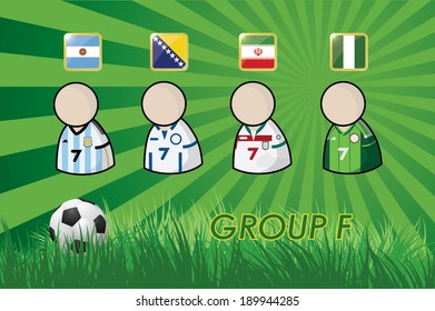 football Player icons and Flags for soccer 2014 group F on grass background and soccer ball. vector illustration EPS10.