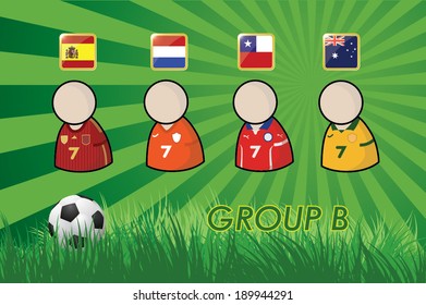 football Player icons and Flags for soccer 2014 group B on grass background and soccer ball. vector illustration EPS10.