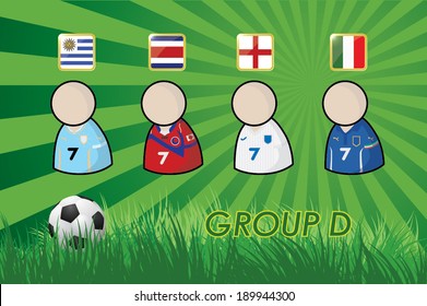 football Player icons and Flags for soccer 2014 group D on grass background and soccer ball. vector illustration EPS10.