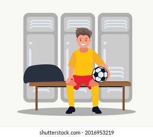 A football player in the interior of a locker room with lockers and sports equipment. Vector illustration in cartoon style.