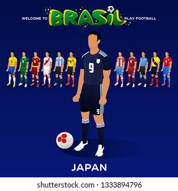 Football player of Japan and other national team players in the form of national teams. Championship Conmeball Copa America 2019 in Brazil. Vector illustration in flat style.