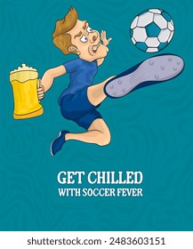 Football player jump and kicking with beer mug.