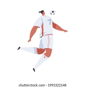 Football player jumping and trapping soccer ball with chest. Professional footballer in uniform playing sports game. Flat vector illustration of athlete in dynamic isolated on white background