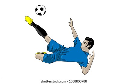 Football player jumps a ball floating in the air.