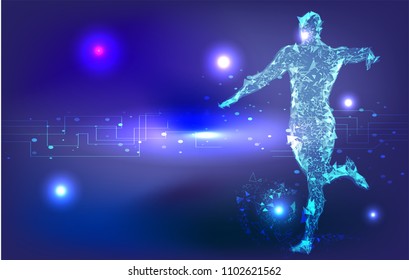 Football player, kick a ball, particle divergent composition.technology concept design.Abstract polygonal space low poly dark background with connecting dots and lines. Connection structure.