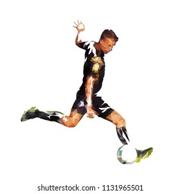 Football player kicking ball, abstract polygonal vector drawing. Soccer athlete. Isolated silhouette, side view