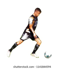Football player kicking ball, abstract polygonal vector drawing. Soccer athlete. Isolated silhouette, side view