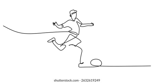 Jogador de futebol chutando bola contínua uma linha. Atleta de futebol de jogo esportivo. Vetor de ação de correspondência de equipe.
