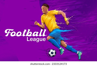 Football Player Kicking Ball Illustration. Soccer Player with colorful splash Vector. Soccer player running Illustration.