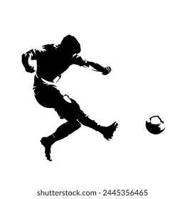 Football player kicking ball, isolated vector silhouette. Soccer logo