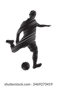 Football player kicking ball, isolated vector silhouette. Soccer logo drawing.