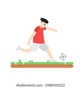 Football player kicking the ball on the green field. pro soccer player. flat vector illustration
