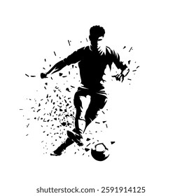 Football player kicking ball, soccer, isolated vector silhouette with distortion effect, high contrast clipart