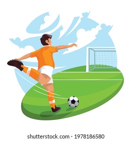 Football player kicking ball in stadium vector