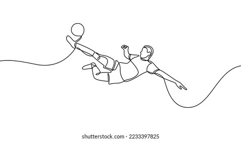 The football player kicks the ball. Continuous line drawing. Minimalist black linear sketch on a white background. Football vector illustration