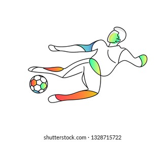 Football player kicks the ball, Flat Line Art silhouette illustration. vector background.