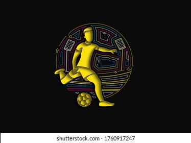Football player kicks the ball, Flat Line art vector illustration.