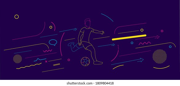 Football player kicks the ball, Flat Line art vector illustration.