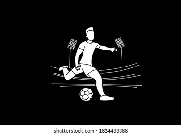 Football player kicks the ball, Flat Line art vector illustration.