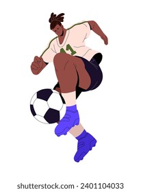 Football player kicks ball with foot. Professional sportsman in soccer shoes plays team sport game. Young man with dreadlocks training to score goal. Flat isolated vector illustration on white