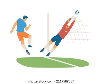 Football player kicks the ball and goalkeeper catches it, flat vector illustration isolated on white background. Soccer traditional sport game. Men playing on the field.