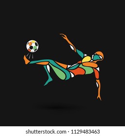 Football player kicks the ball, Hand Drawn silhouette illustration. vector background