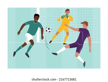 The football player kicks the ball into the opponent's goal, and the goalkeeper catches the ball, the defender is nearby. Three soccer players on the field. Card.