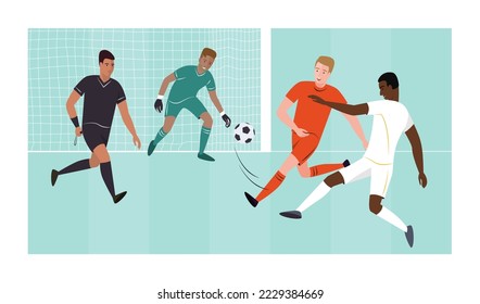 The football player kicks the ball into the opponent's goal, and the goalkeeper catches the ball, the defender is nearby. Three soccer players on the field. Card.