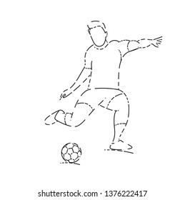 Football player kicks the ball, Line art vector illustration.