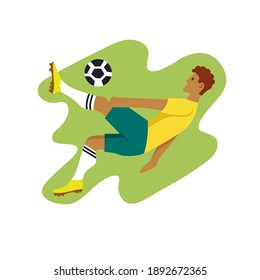 A football player kicks the ball on a green background. A football player in a jump scores a goal. Vector illustration in modern flat style.