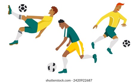 A football player kicks the ball on a green background. A football player in a jump scores a goal. Vector illustration in modern flat style.