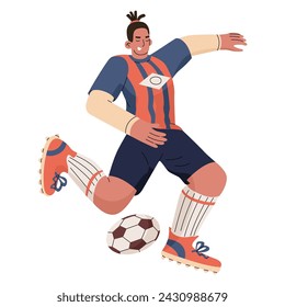 A football player kicks the ball. Team game at the stadium. Competition for the cup. Summer sports. Vector illustration in flat cartoon style isolated on transparent background.