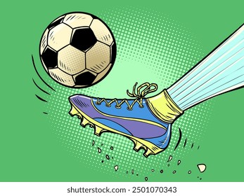 Un jugador de fútbol patea un balón de fútbol. Entrenamiento de fútbol deportivo. Campeonatos mundiales de disciplinas deportivas. Dibujo a mano de Ilustración vectorial retro de arte pop de dibujos animados cómicos