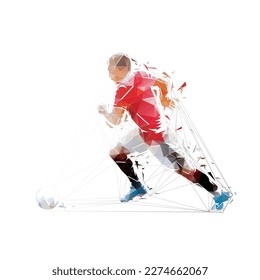 Football player low poly illustration. Soccer striker running with ball, isolated geometric vector drawing. Team sport athlete