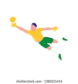 Football player. Man goalkeeper in yellow shirt and green shorts catch the ball  in falling. The people in dynamic pose. Flat with texture vector illustration. Isolated.