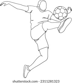 Football player man jumping and kicking the ball in the air outline vector illustraion. Footballer digs the ball in a jump line art vector. 