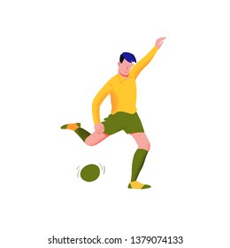 Football player. Man in yellow shirt and green shorts punch to the ball. The people in dynamic pose. Flat with texture vector illustration. Isolated.