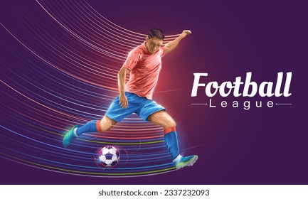 Football player in motion and action with ball isolated on dark purple background. Soccer players kicking ball with fluid line neon. Football league Vector illustration banner.