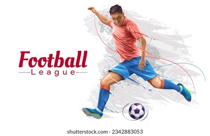 Football player in motion and action with ball isolated on dark purple background. Soccer players kicking ball with fluid line neon. Football league banner Vector illustration.
