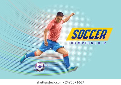 Football player in motion and action with ball isolated on sky blue background. Soccer players kicking ball with colorful line effect. Football league Vector illustration banner. 