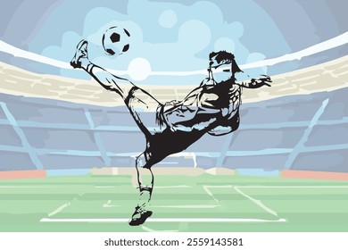 Football player in motions during the game, training, hitting the ball and falling down, professional football player kicking the ball in a jump isolated over white studio background. Football player.