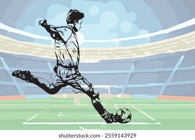 Football player in motions during the game, training, hitting the ball and falling down, professional football player kicking ball in a jump isolated over white studio background. Football player.