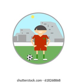 Football player on the field with the ball. Sign in round frame, vector