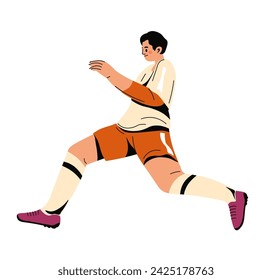 Football player on soccer field running to take ball. Isolated male cartoon personage in uniform performing in game. Professional sportsman training or practicing for match. Vector in flat style