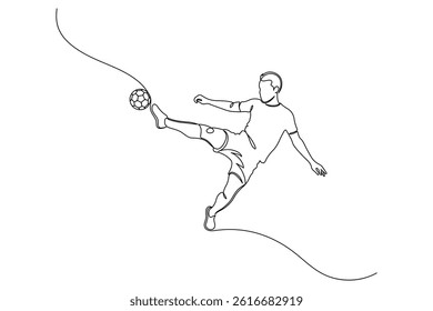 Football player one continuous line drawing, football player jump and fly to kicking ball, linear style, isolated on a white background