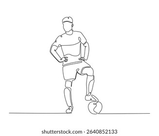 Football player outline drawing illustration. one continuous line drawing of soccer player kick the ball.