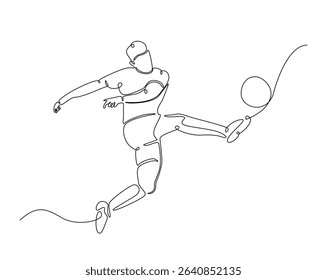 Football player outline drawing illustration. one continuous line drawing of soccer player kick the ball.